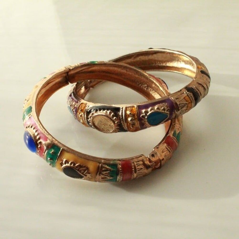 Vintage Boho Hinged Bangle Bracelets Set Enamel Inlay Multicolor Ethnic Style